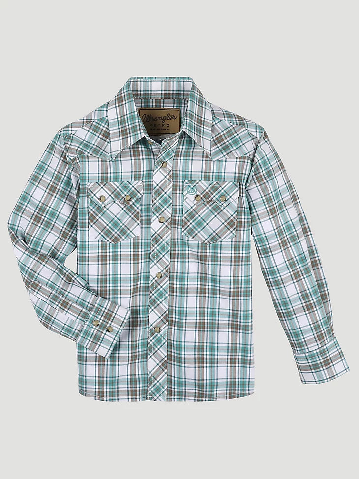 BOY'S WRANGLER RETRO® WESTERN SNAP PLAID SHIRT WITH FRONT SAWTOOTH POCKETS IN MINTY