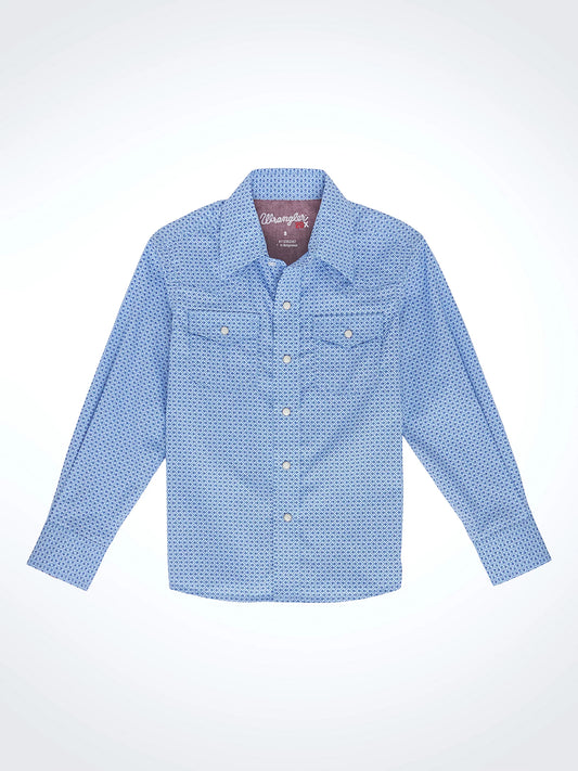 Boy's Wrangler® 20X® Advanced Comfort Western Snap Print Shirt in Sky Blue Zigzag