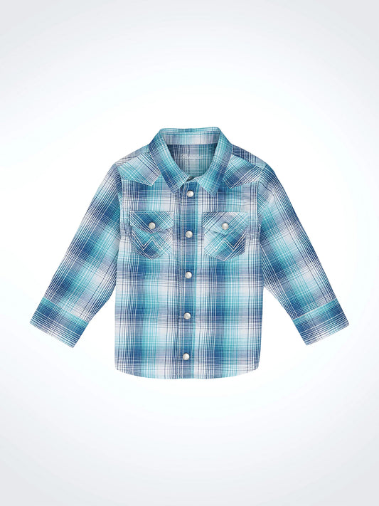 Little Boy Long Sleeve Snap Front Plaid Western Shirt in Turquoise Blues