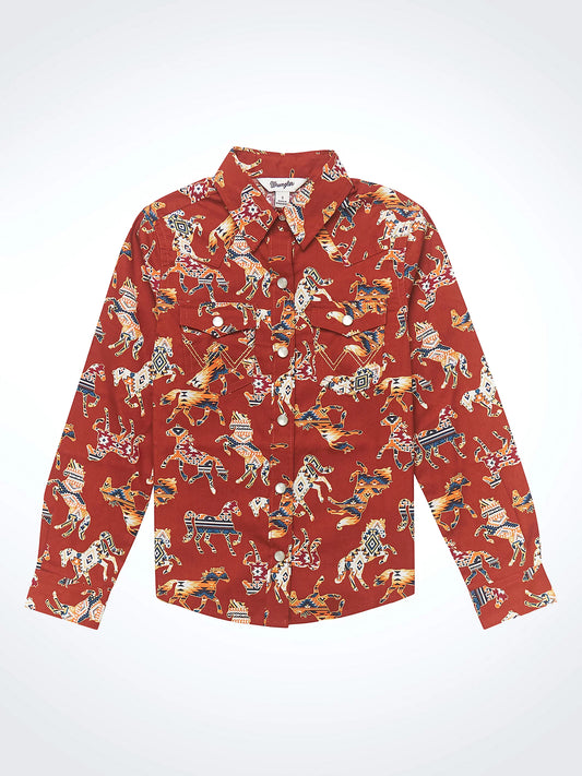 Girl's Long Sleeve Cowgirl Horse Print Western Snap Shirt in Red Multi