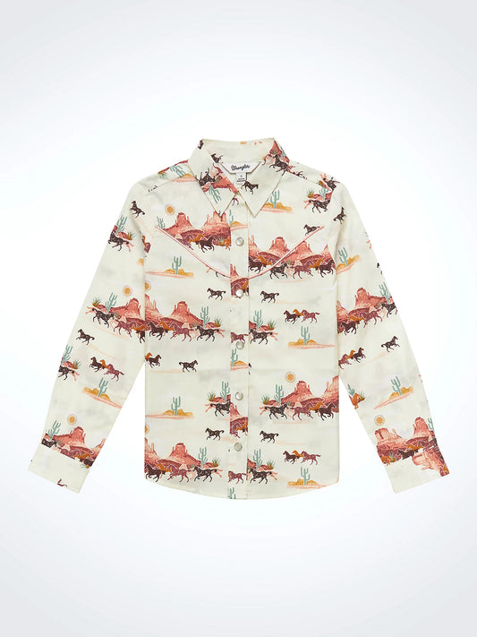 Girl's Cacti Horses Western Snap Shirt in White Multi