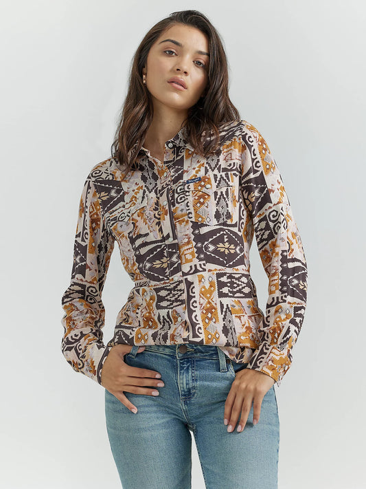 WOMEN'S GEO PRINT WESTERN SNAP SHIRT IN PATCHY