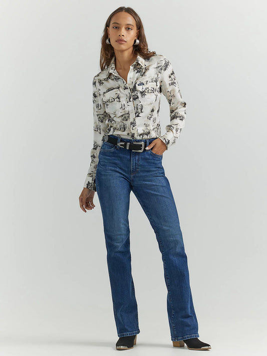 Women's Wrangler Bold Bucking Cowboy Western Snap Shirt in Birch