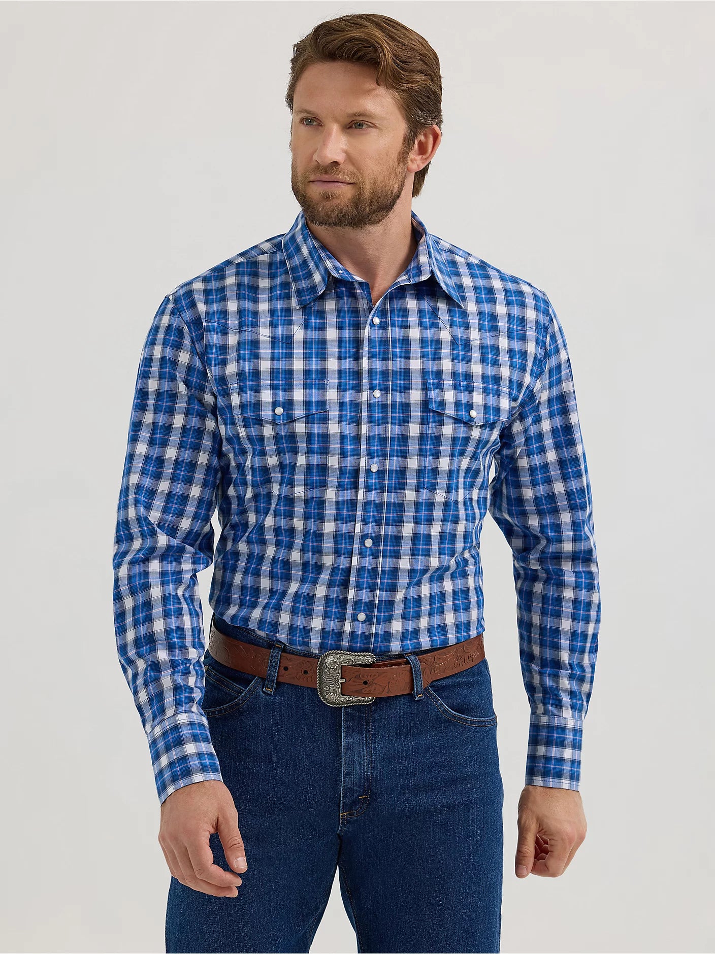 Men's Wrinkle Resist Long Sleeve Western Snap Plaid Shirt in Vivid Blue Plaid