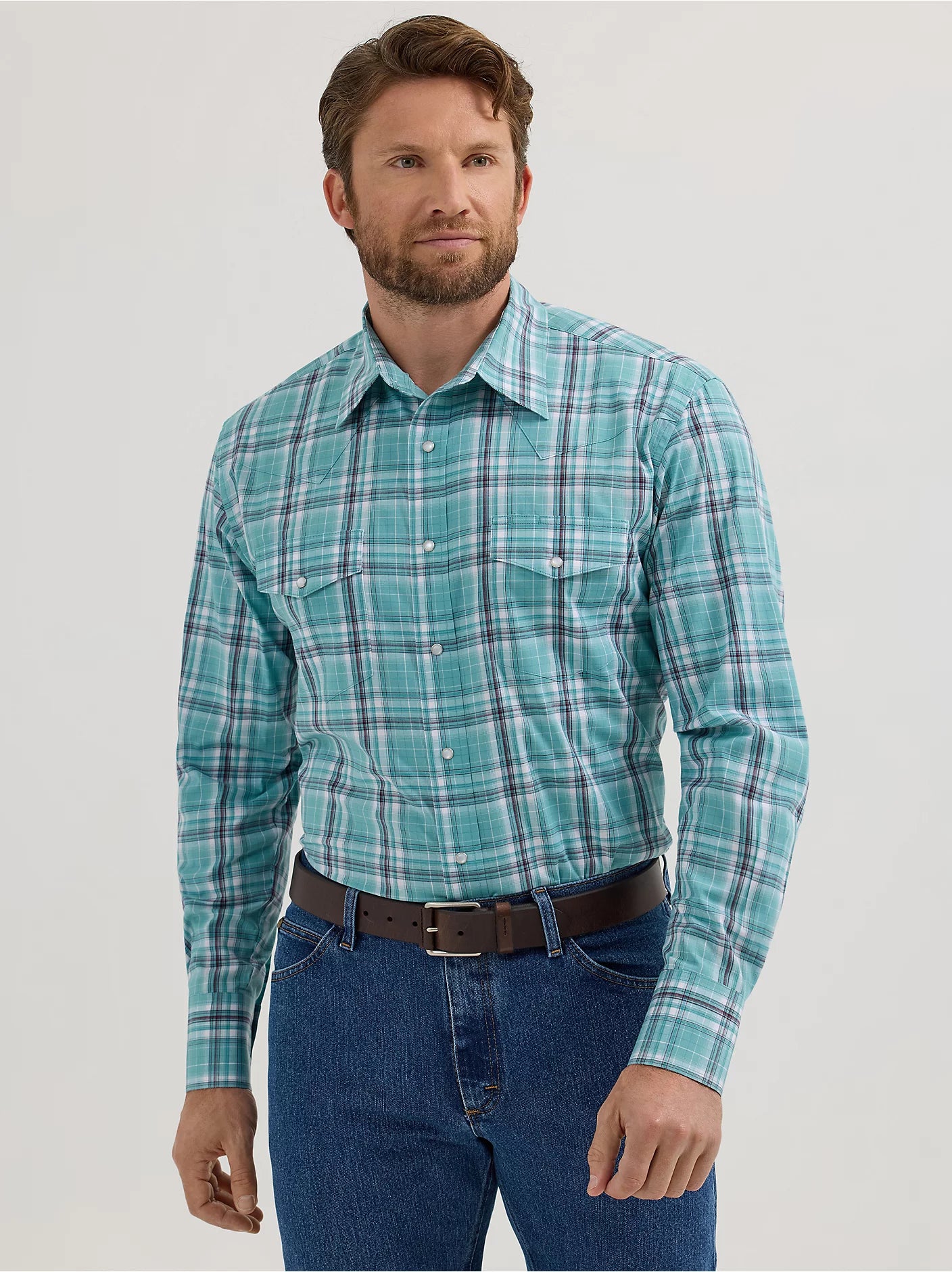 Men's Wrinkle Resist Long Sleeve Western Snap Plaid Shirt in Mint Plaid