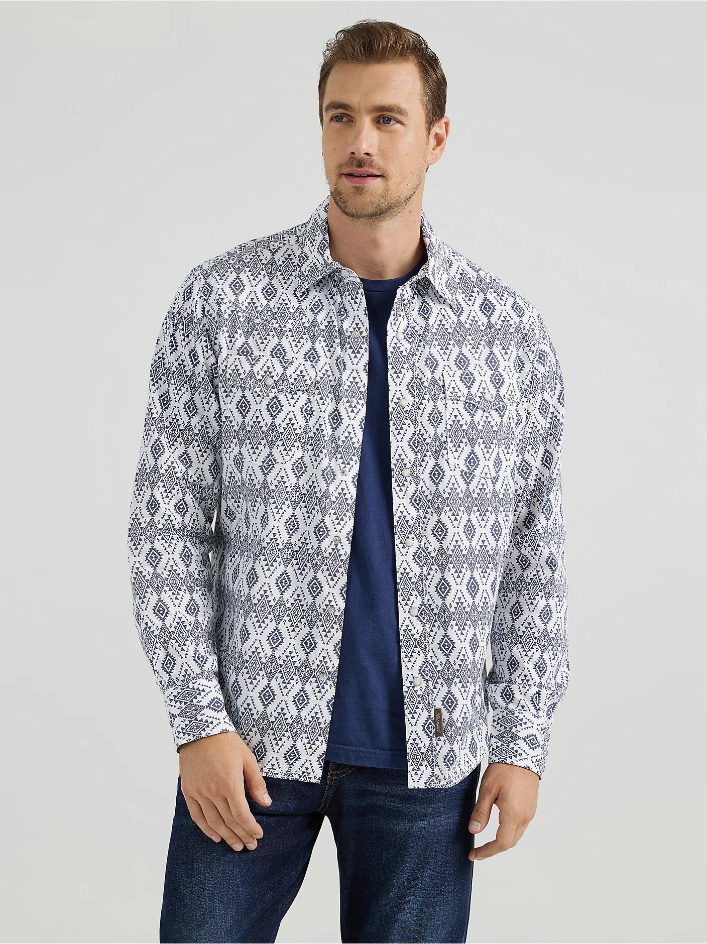 Men's Wrangler® Retro® Premium Long Sleeve Western Snap Printed Shirt in Navy Diamonds