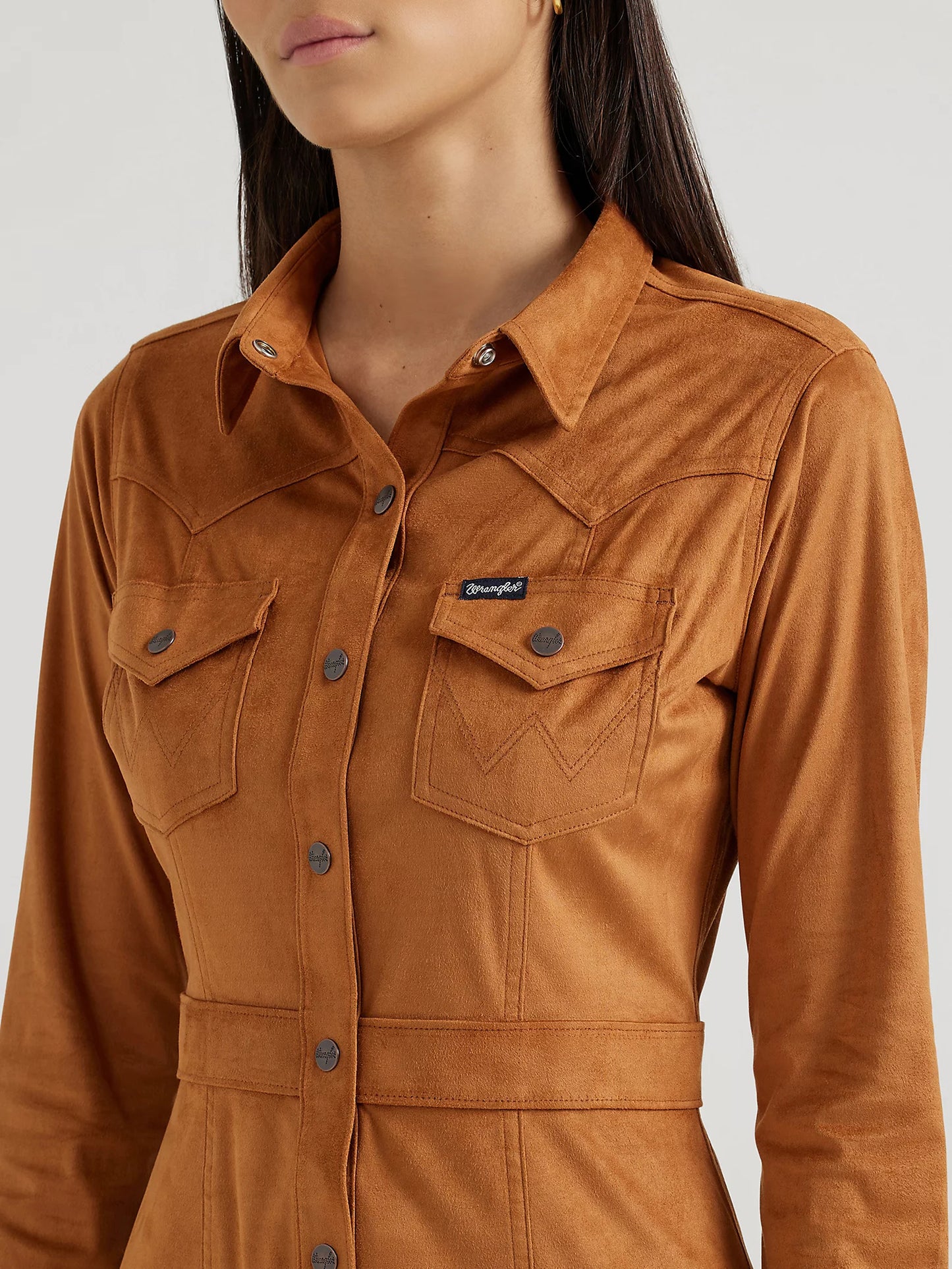 Women's Wrangler Sueded Western Snap Shirt Dress in Brown-Hailey