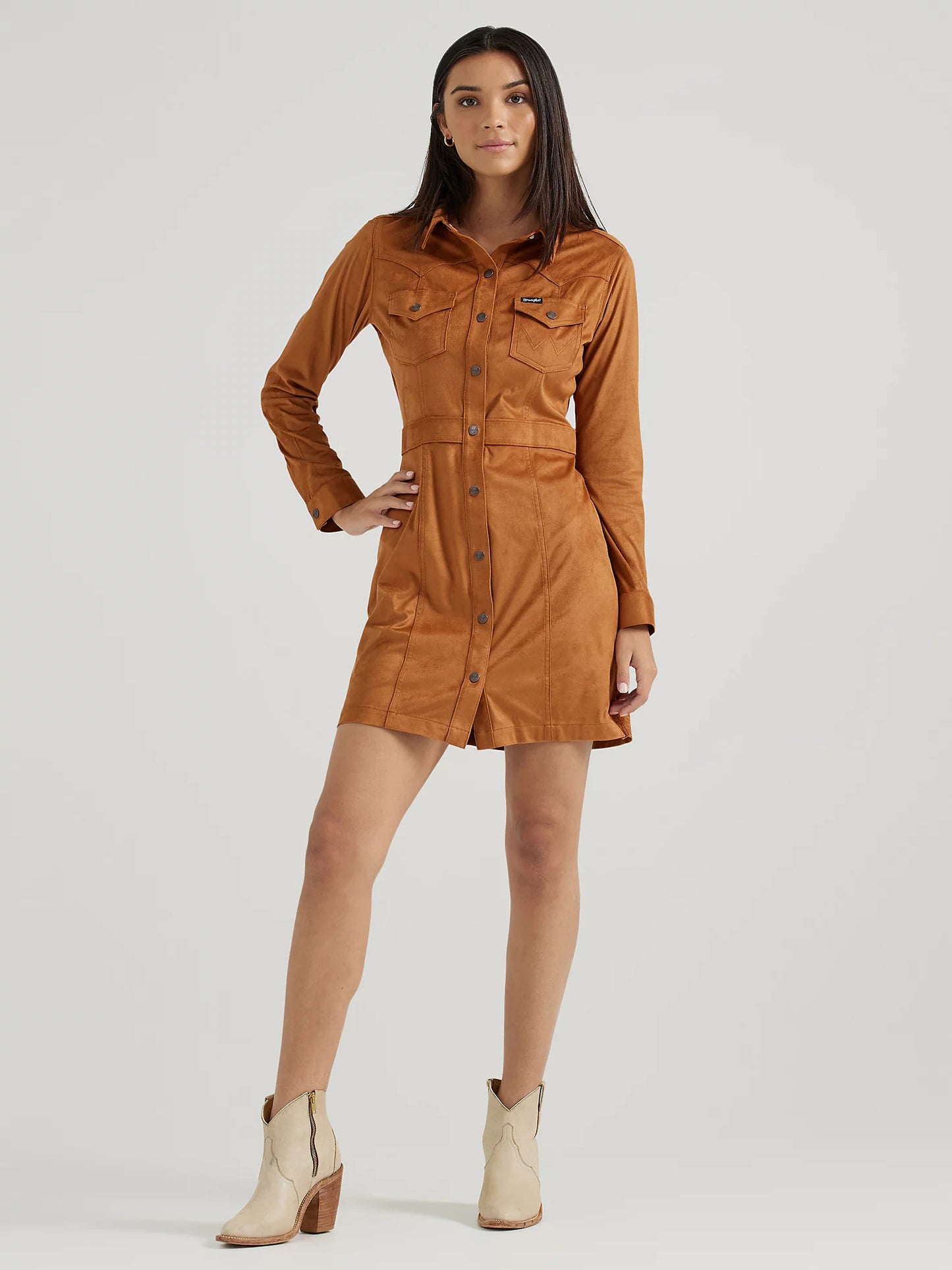 Women's Wrangler Sueded Western Snap Shirt Dress in Brown-Hailey