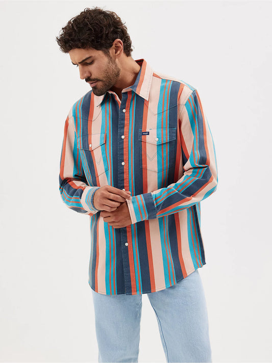 Vintage-Inspired Brushpopper Western Snap Work shirt in Peachy Stripe