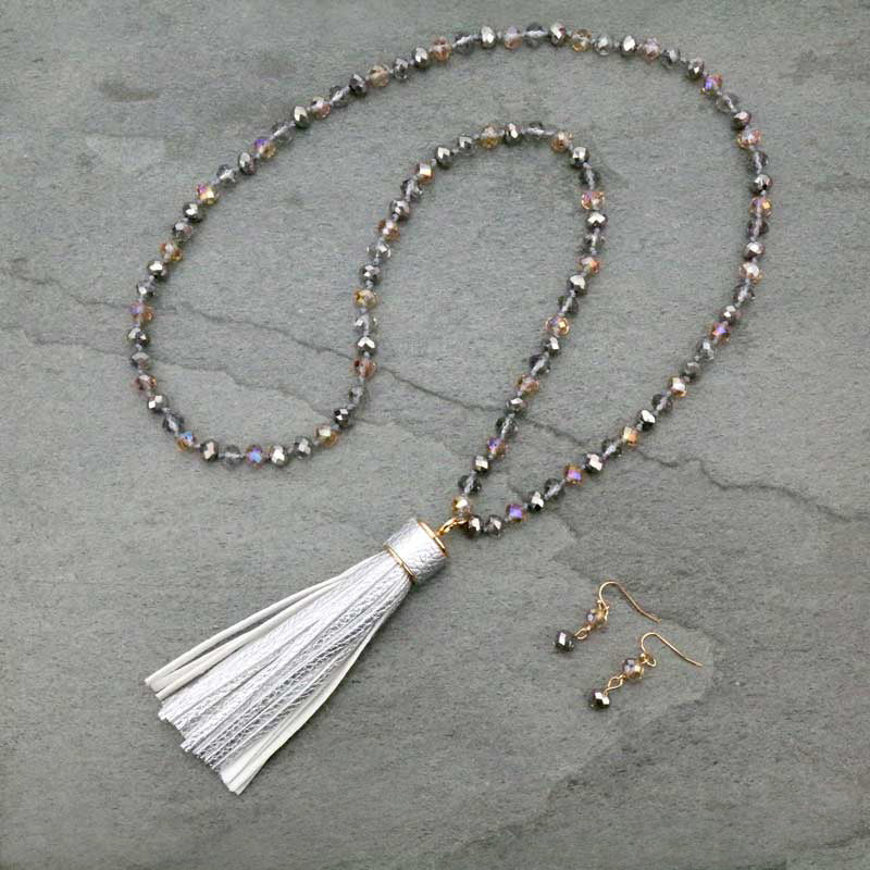 Glass Bead With Tassel Necklace Set