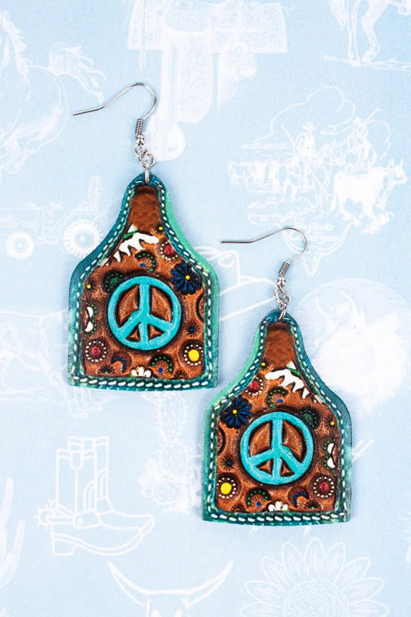 TURQUOISE PEACE SYMBOL CATTLE TAG EARRINGS