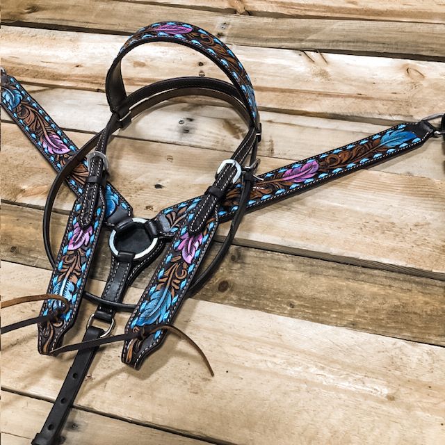 1D Hand Tooled Collection Blue and Pink Feather Headstall and Breastcollar Set